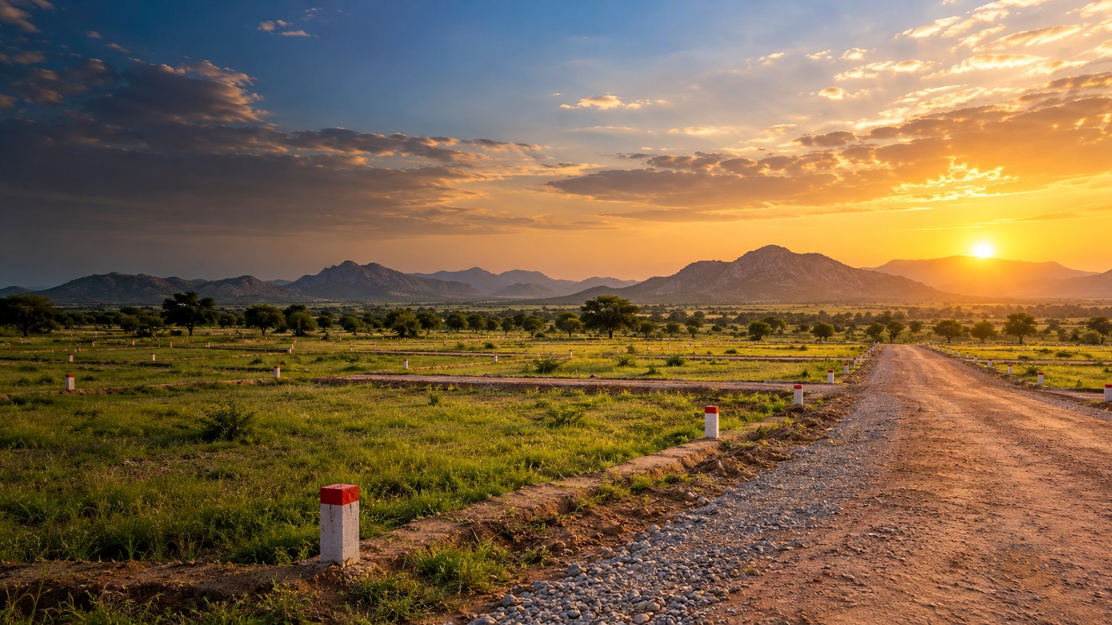 Open residential land with survey markers and distant green hills